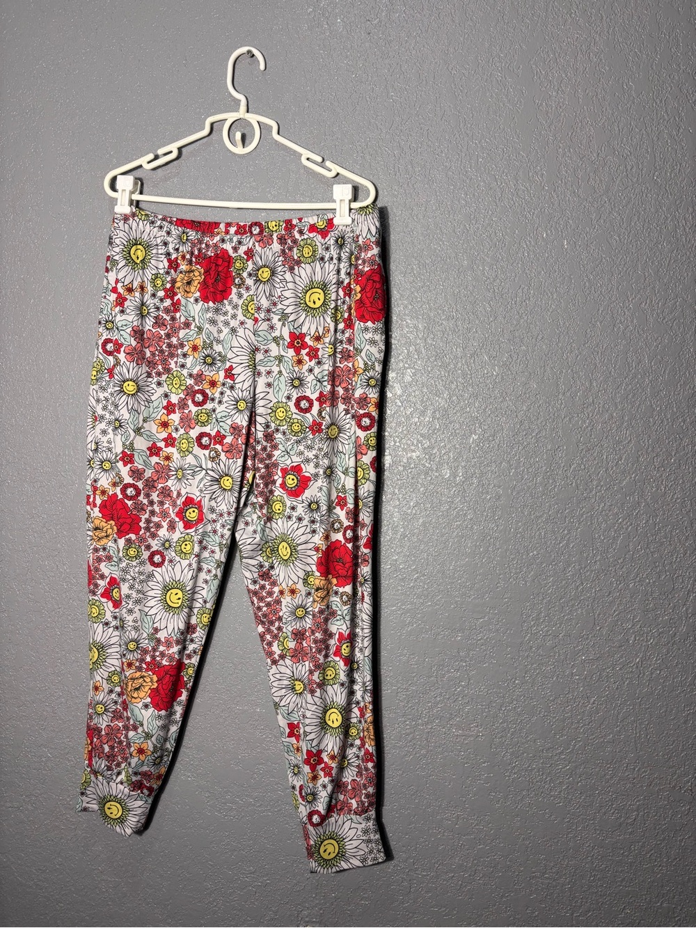 Kids Floral Print Elastic Waist Joggers - Red White